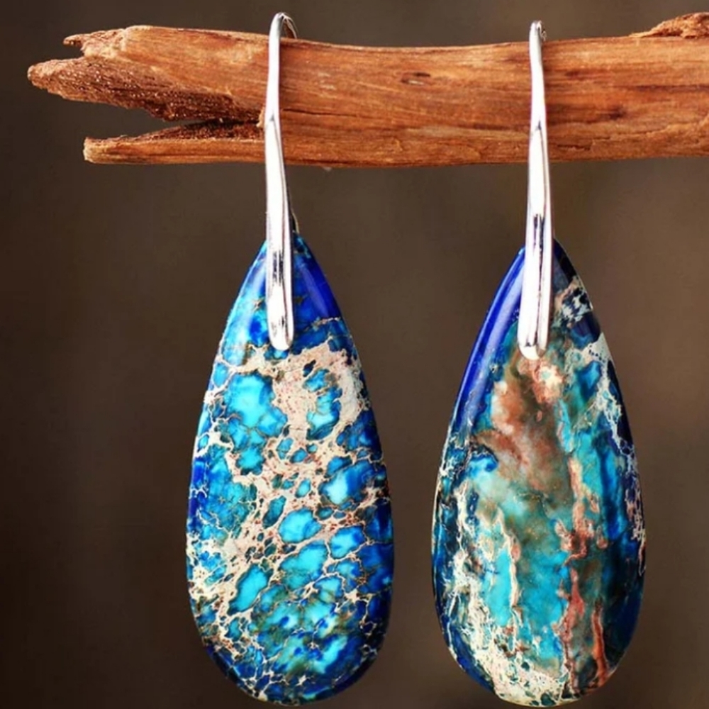 Beautiful Natural Stone ( Jasper )Drop Earrings With 925 Silver Plated Ear Hook.